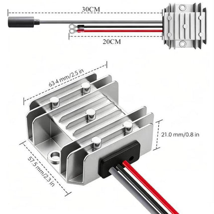 Reliable 12V and 24V to 48V DC Power Converter for Outdoor Use - IP67 waterproof aluminum heat sink converter with wiring and dimensions shown