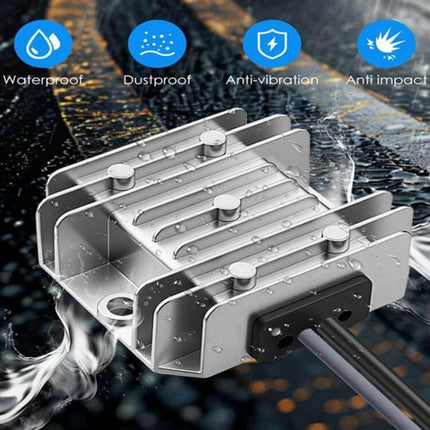 Reliable 12V and 24V to 48V DC Power Converter for Outdoor Use waterproof IP67 metal housing showing water droplets and cable