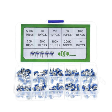 100-Piece Adjustable Resistor Kit for Electronic Projects with labeled plastic organizer showing trimmer potentiometers 100Ω–1MΩ for DIY circuit tuning