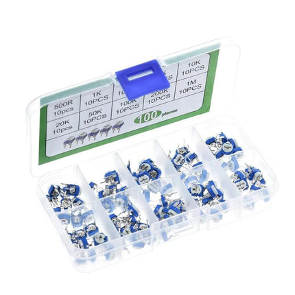 100-Piece Adjustable Resistor Kit for Electronic Projects — clear plastic case with 100 blue variable resistors (100Ω to 1MΩ) for DIY circuits