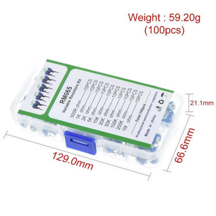 100-Piece Adjustable Resistor Kit for Electronic Projects in clear plastic case with labeled compartments and dimensions