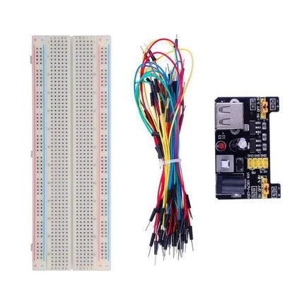 Breadboard Kit with 830 Holes, Power Module and Jumper Wires showing 830-hole solderless breadboard, jumper wires bundle and power module