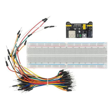 Breadboard Kit with 830 Holes, Power Module and Jumper Wires showing 830-hole breadboard, power module and multicolor jumper wires for prototyping