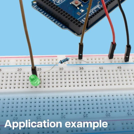 Breadboard Kit with 830 Holes, Power Module and Jumper Wires showing Arduino example with LED, resistor and jumper wires on solderless breadboard
