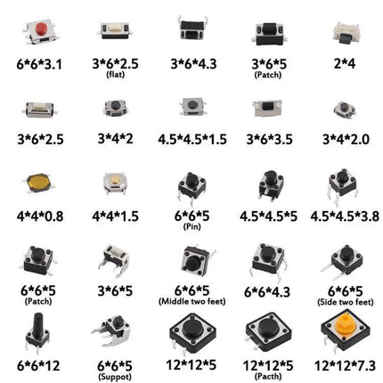 Car Button Micro Tactile Switch Set 125 Pieces For Repairs – 25 sizes, 5 each shown in assortment grid for electronics control panel repairs