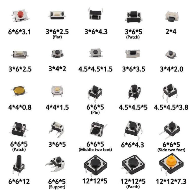 Car Button Micro Tactile Switch Set 125 Pieces For Repairs – 25 sizes, 5 each shown in assortment grid for electronics control panel repairs