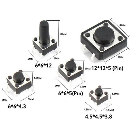 Car Button Micro Tactile Switch Set 125 Pieces For Repairs - assortment of 25-size tactile push button switches with dimensions shown for repair projects