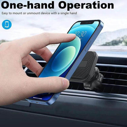 Car Air Vent Magnetic Phone Mount For Hands Free Navigation showing one-hand magnetic phone attachment to silicone-clamped vent mount