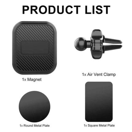 Car Air Vent Magnetic Phone Mount For Hands Free Navigation showing magnet, air vent clamp, round and square metal plates on white background
