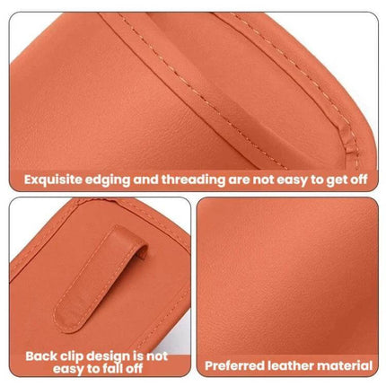 Leather Car Cup Holder Seat Back Storage Bag For In Car Organization - close-up of orange leather, stitching, back clip and texture