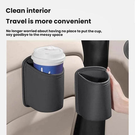 Leather Car Cup Holder Seat Back Storage Bag For In Car Organization - black leather clip-on cup holder and organizer attached to seatback