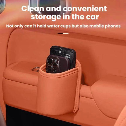 Leather Car Cup Holder Seat Back Storage Bag For In Car Organization - orange leather seatback cup holder storing phones and small items