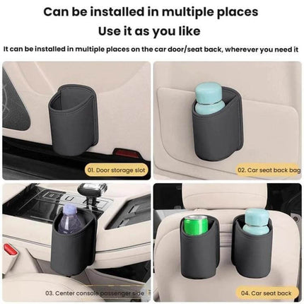 Leather Car Cup Holder Seat Back Storage Bag For In Car Organization - black leather clip-on cup holder attached to car door, seatback and center console