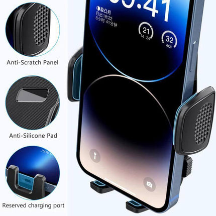 Car Air Vent Phone Mount Universal Navigation Holder showing adjustable anti-scratch arms, silicone pads and reserved charging port holding a smartphone