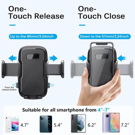 Car Air Vent Phone Mount Universal Navigation Holder showing one-touch release and close with adjustable arms for 4–7 inch smartphones