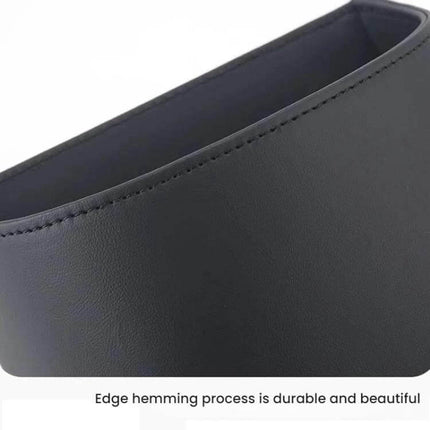 Hanging Leather Car Trash Can Clip On Storage Box For Car Interior in black Nappa leather with stitched edge hemming, compact clip-on design