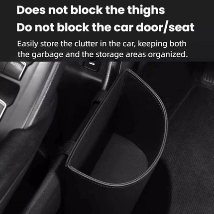 Hanging Leather Car Trash Can Clip On Storage Box For Car Interior hanging on seat edge showing slim design that does not block door or thighs, black Nappa leather