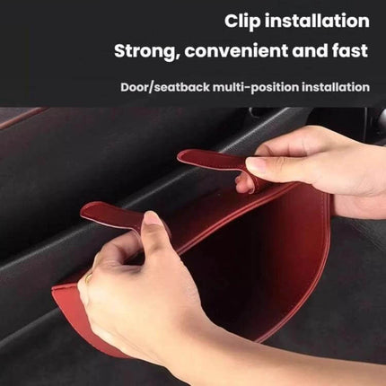 Hanging Leather Car Trash Can Clip On Storage Box For Car Interior shown clipped to car door with red Nappa leather, hands demonstrating easy multi-position installation