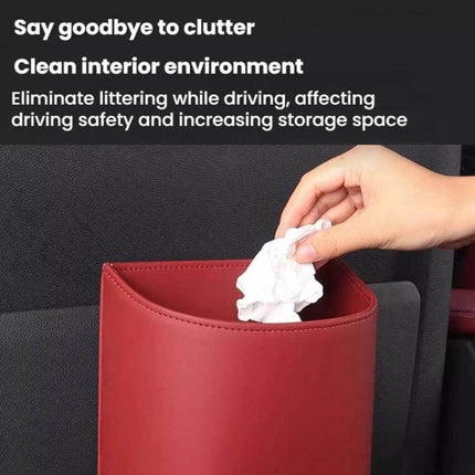 Hanging Leather Car Trash Can Clip On Storage Box For Car Interior - red Nappa leather hanging trash bin shown being used to discard tissue