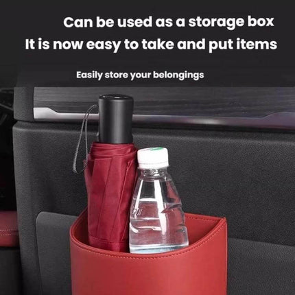 Hanging Leather Car Trash Can Clip On Storage Box For Car Interior shown clipped to seat storing umbrella and water bottle in red Nappa leather