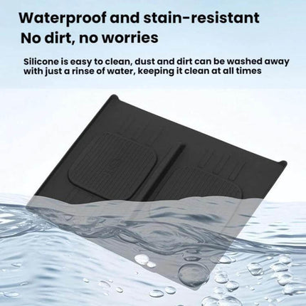 Anti-Slip Wireless Charging Silicone Mat For Hyundai Santa Fe showing black waterproof silicone mat with anti-slip pads partially submerged to highlight stain-resistant, washable design