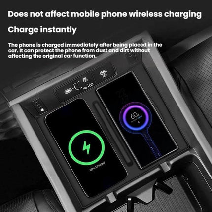 Anti-Slip Wireless Charging Silicone Mat For Hyundai Santa Fe shown in center console holding two phones charging securely with anti-slip silicone surface