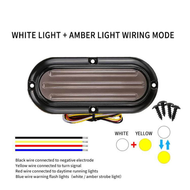 Truck Trailer Taillights 74 LED For Trucks And Trailers - oval IP67 74-LED taillight with white + amber wiring diagram, screws and 4-wire hookup