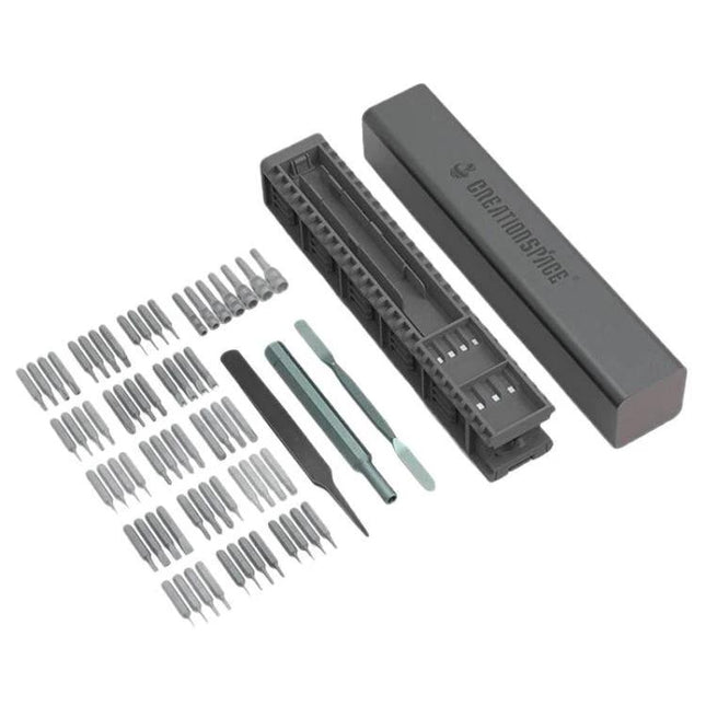 CreationSpace 71-Piece Multi-Functional Screwdriver Set for Repair showing bits, pry tools and compact storage case laid out