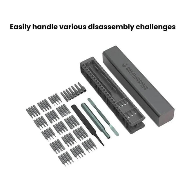 CreationSpace 71-Piece Multi-Functional Screwdriver Set for Repair showing compact case, multiple H/T/PH bits and pry tools for electronics and drone repairs