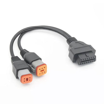 Harley Davidson Cable Adapter for Everyday Motorcycle Rides connecting OBDII reader to Harley diagnostics, compact black cable adapter