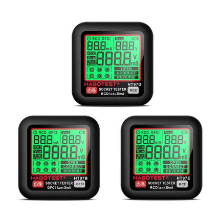 HABOTEST Digital Electrical Socket Tester for Voltage and Safety Checks - three-unit display showing voltage, RCD/GFCI and wiring test indicators