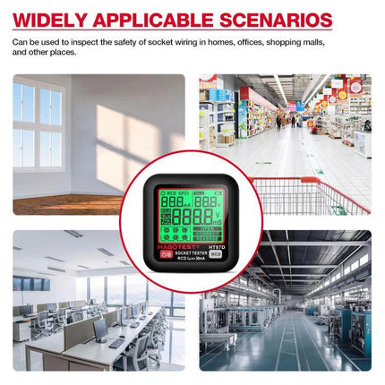 HABOTEST Digital Electrical Socket Tester for Voltage and Safety Checks shown in home, office, retail and industrial outlet inspection scenarios