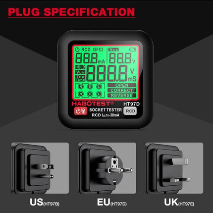 HABOTEST Digital Electrical Socket Tester for Voltage and Safety Checks showing LCD display and US EU UK plug types