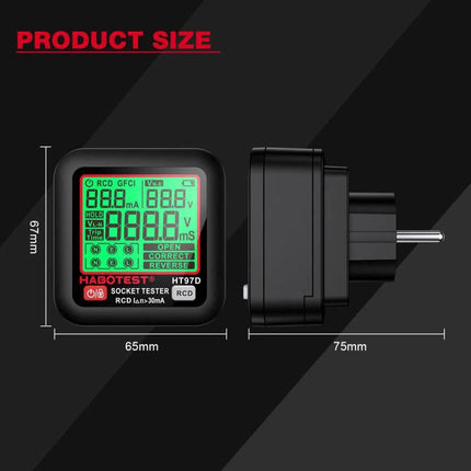 HABOTEST Digital Electrical Socket Tester for Voltage and Safety Checks – compact HT97D plug-in design with LCD display and dimensions 67x65x75mm