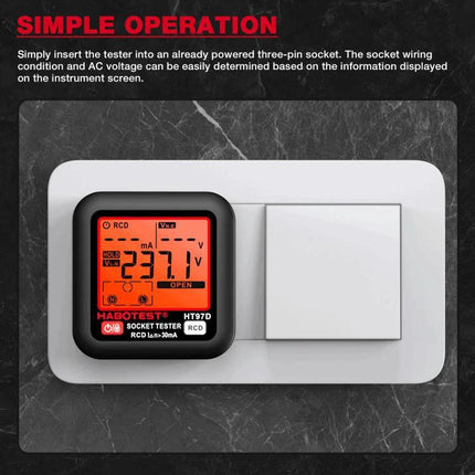 HABOTEST Digital Electrical Socket Tester for Voltage and Safety Checks plugged into three‑pin outlet showing 237V LCD reading and RCD test icons