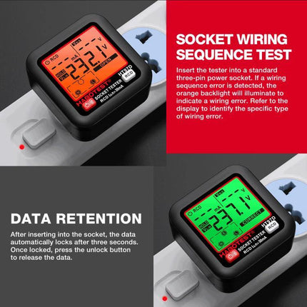 HABOTEST Digital Electrical Socket Tester for Voltage and Safety Checks showing LCD voltage readout and socket wiring sequence test