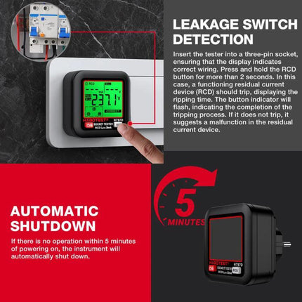HABOTEST Digital Electrical Socket Tester for Voltage and Safety Checks showing 237V reading, RCD leakage test and automatic shutdown feature