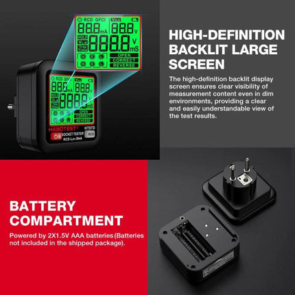 HABOTEST Digital Electrical Socket Tester for Voltage and Safety Checks showing backlit screen and battery compartment