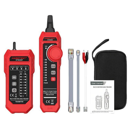 HABOTEST Multi-Function Anti-Interference Network Cable Tester handheld tracer kit with transmitter, receiver, RJ45/RJ11 adapters, clips, and carrying case