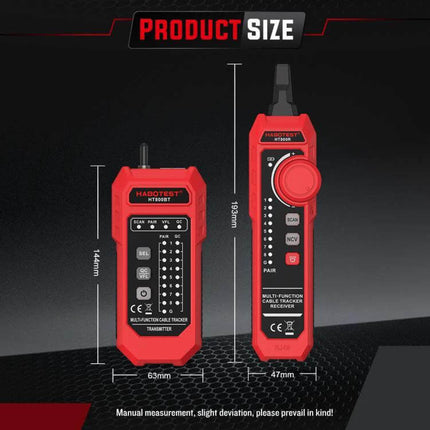 HABOTEST Multi-Function Anti-Interference Network Cable Tester handheld transmitter and receiver set showing dimensions and button layout