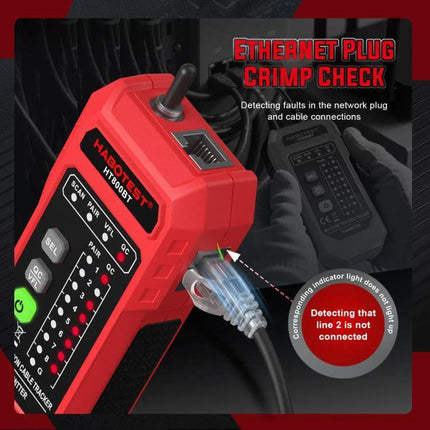HABOTEST Multi-Function Anti-Interference Network Cable Tester showing RJ45 crimp check and cable fault detection