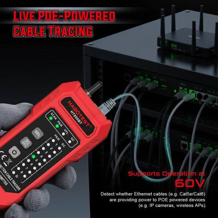 HABOTEST Multi-Function Anti-Interference Network Cable Tester in use tracing PoE-powered Ethernet cables at a network switch