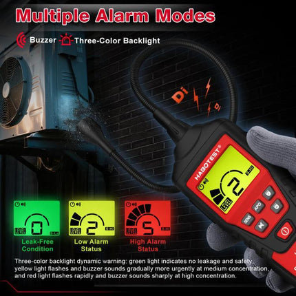 HABOTEST Detector for Car AC Leaks in Vehicle Maintenance - handheld AC leak detector with three-color backlight and buzzer showing low to high alarm levels