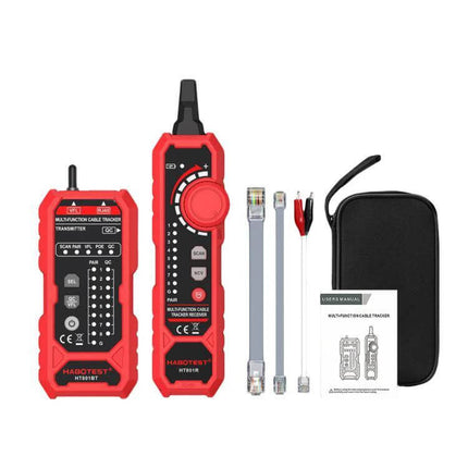 HABOTEST Multi-Function Network Cable Tester for Home Use showing red tester set with transmitter, receiver, cables, clips, and carrying case