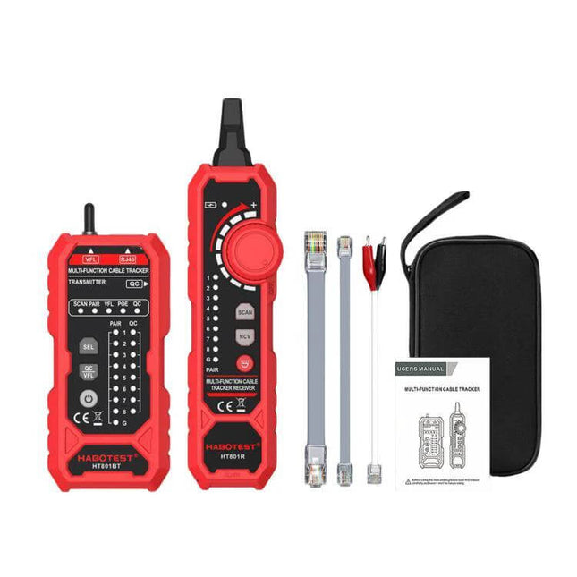 HABOTEST Multi-Function Network Cable Tester for Home Use showing red tester set with transmitter, receiver, cables, clips, and carrying case
