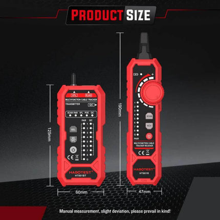 HABOTEST Multi-Function Network Cable Tester for Home Use showing transmitter and receiver with product size dimensions