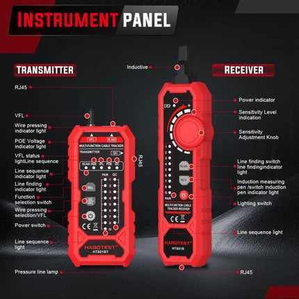 HABOTEST Multi-Function Network Cable Tester for Home Use - red transmitter and receiver kit showing buttons and RJ45 ports