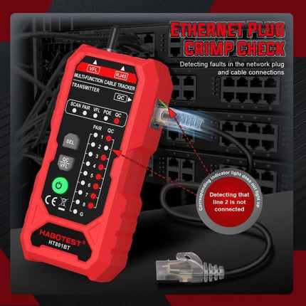 HABOTEST Multi-Function Network Cable Tester for Home Use showing red tester connected to Ethernet plug and patch panel