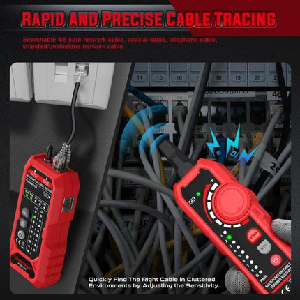 HABOTEST Multi-Function Network Cable Tester for Home Use checking Ethernet and coax cables in a cluttered patch panel
