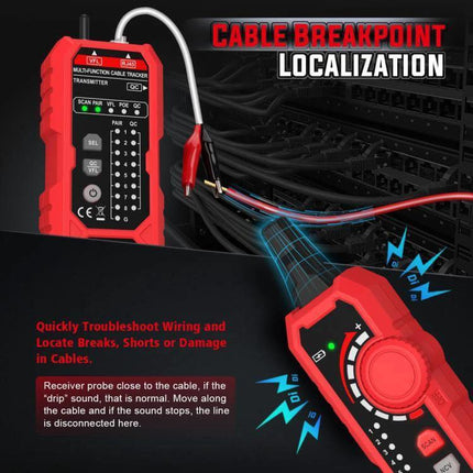 HABOTEST Multi-Function Network Cable Tester for Home Use showing red handheld tester and probes locating cable breakpoints